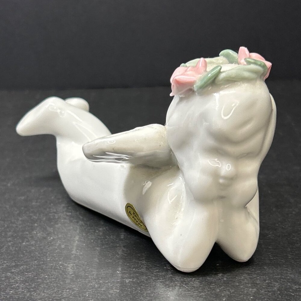 Vintage Laying Angel Figurine with Floral Wreath Ceramic White